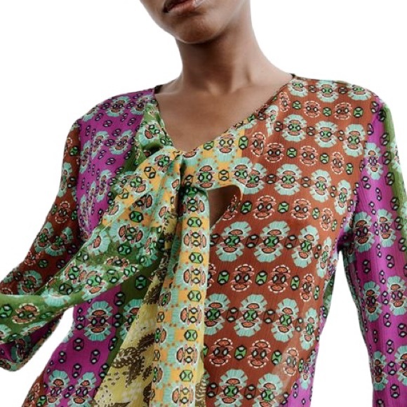 NWT Zara Semi Sheer Chiffon Paisley Printed Tie Neck Beaded Tassel Blouse - XL - Picture 5 of 16